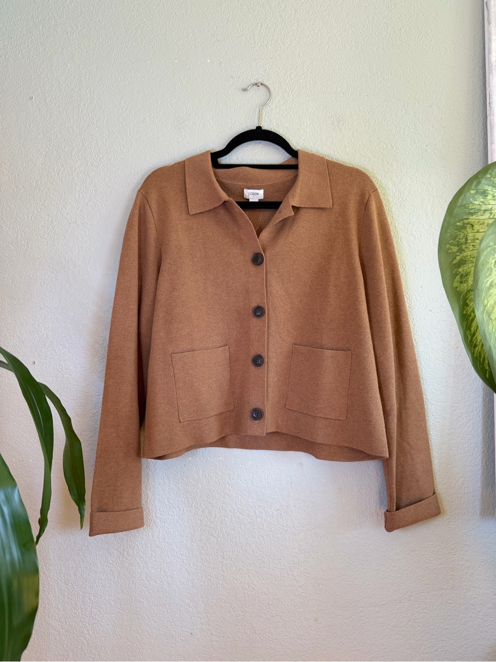 J Crew Cotton Camel Tan Button Down Preppy Collared Academia Cardigan Sweater L